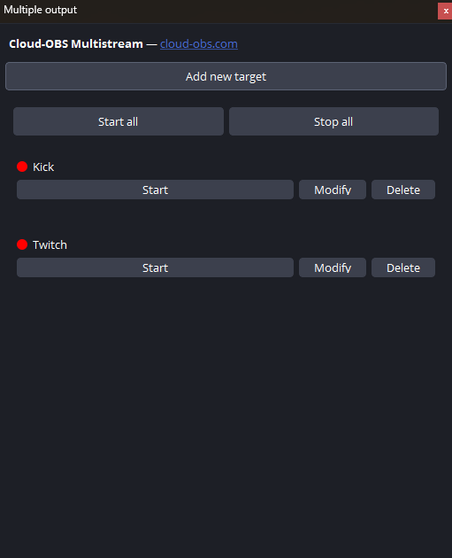 Multi-Output panel with Start All in OBS