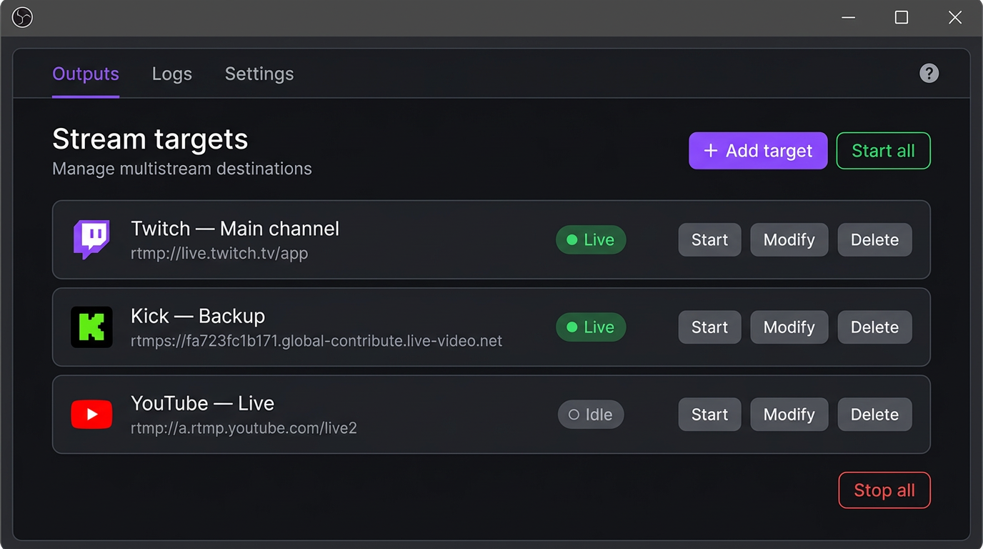 MultiStream OBS plugin panel showing simultaneous outputs to Twitch, YouTube and Kick
